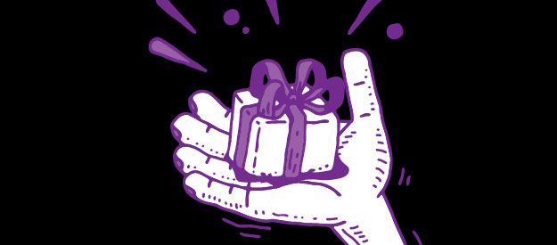 A cartoonish hand holding a white gift box wrapped in purple ribbon all over a black background