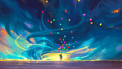 A person stands on a vast, reflective surface beneath a swirling, vibrant sky filled with colorful balloons. The sky features surreal shades of blue, purple, and yellow, creating a dreamlike atmosphere.