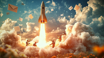 A rocket launching into the sky surrounded by clouds, with several people in astronaut suits and floating envelopes, set against a partly cloudy sky with flowers visible at the bottom.