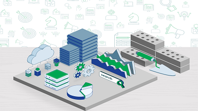 3D isometric illustration showing data and technology elements such as stacked blue and green blocks, a cloud icon, pie charts, gears, a magnifying glass labeled 'search,' bar graphs with green lines, and bricks being laid by a trowel, all set against a background of light tech-related icons.